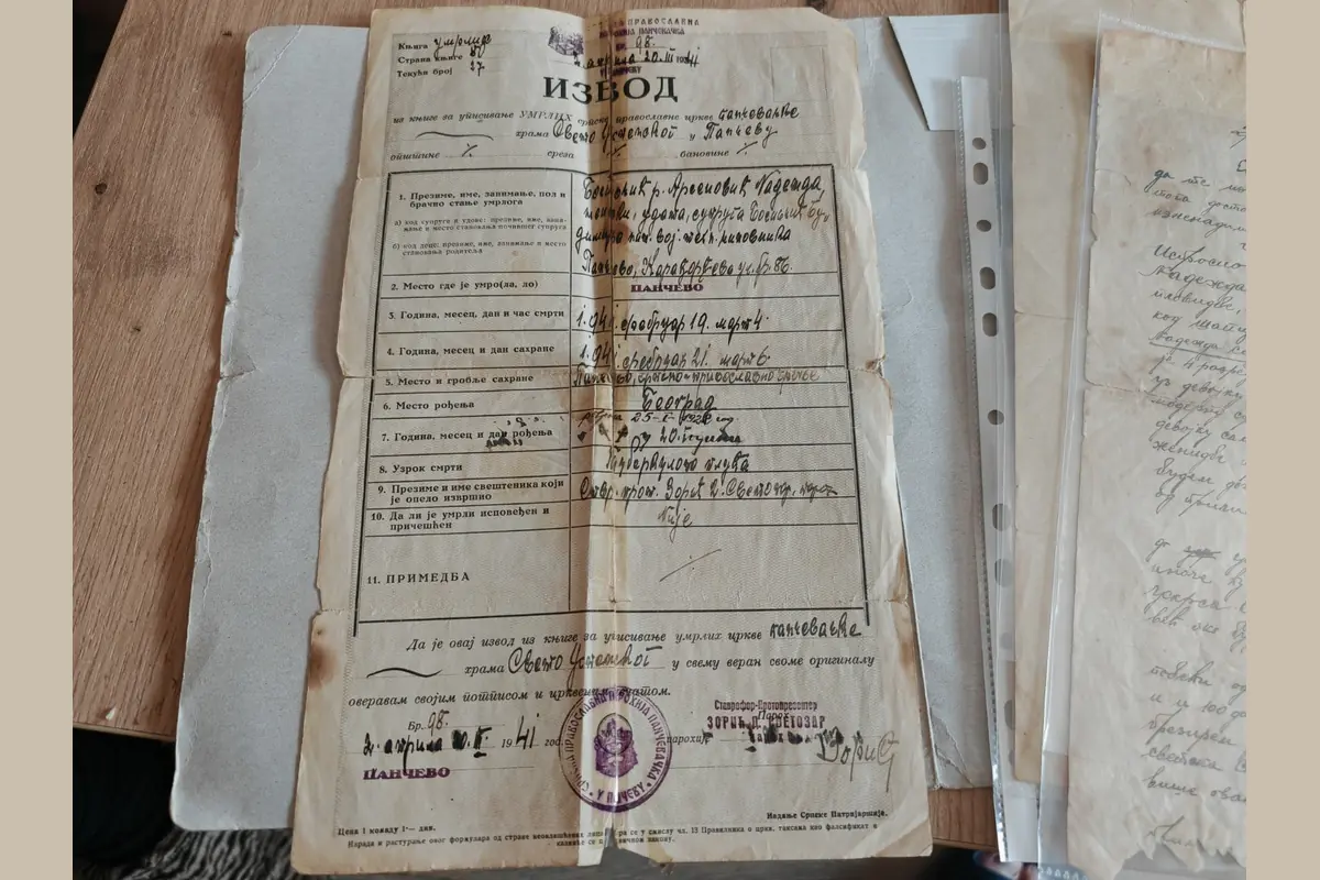 Извод из књиге умрлих за Надежду Босиљчић из 1941. године