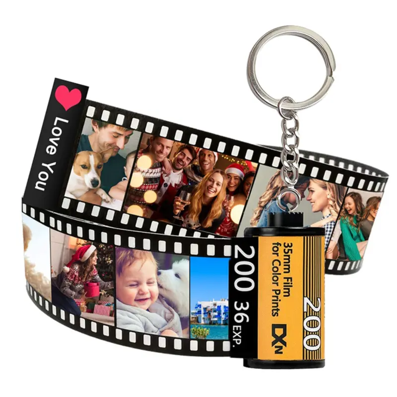 Custom film-roll keychain with a strip of personal photographs