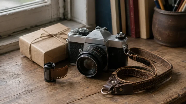 Pokloni za ljubitelje analogne fotografije uz stari foto-aparat i 35 mm film