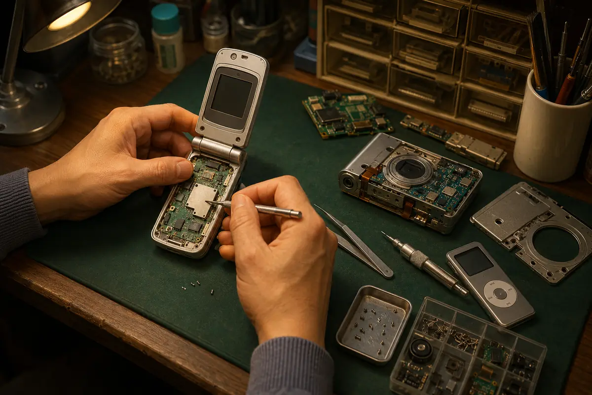 Original editorial illustration of a flip phone being repaired on a 2000s electronics workbench