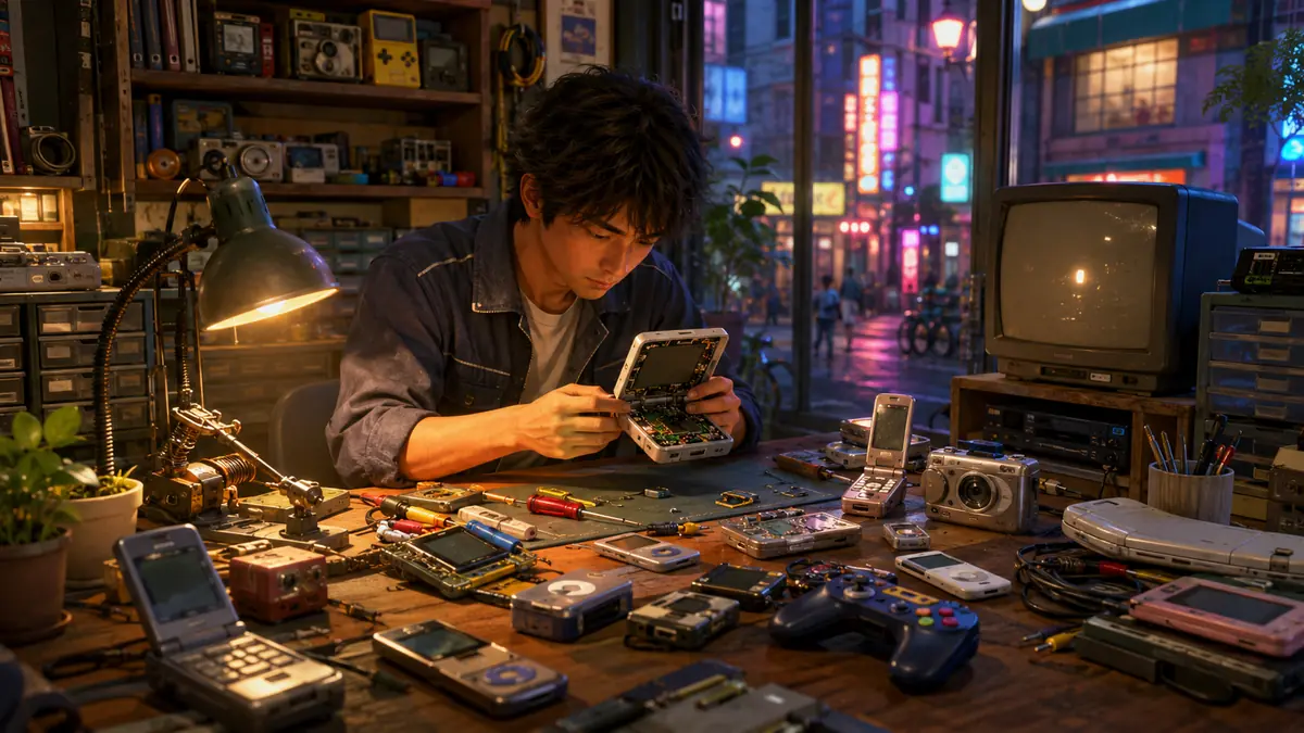Technician repairing retro electronics in a 2000s Tokyo workshop inspired by ReStory