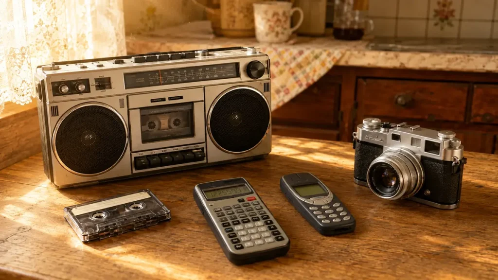 Radio-kasetofon, audio-kaseta, digitron, stari mobilni i analogni fotoaparat na drvenom stolu