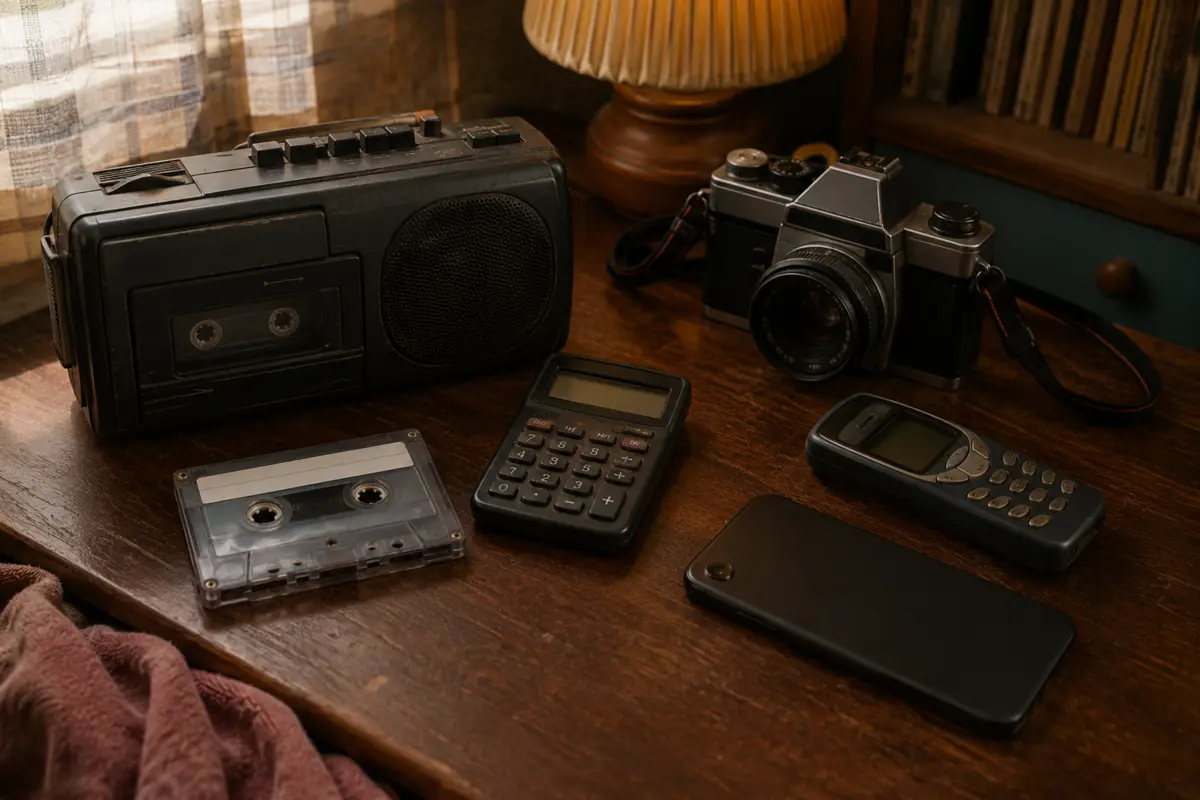 Kasetofon, audio-kaseta, digitron, analogni fotoaparat i stari mobilni telefon na drvenom stolu