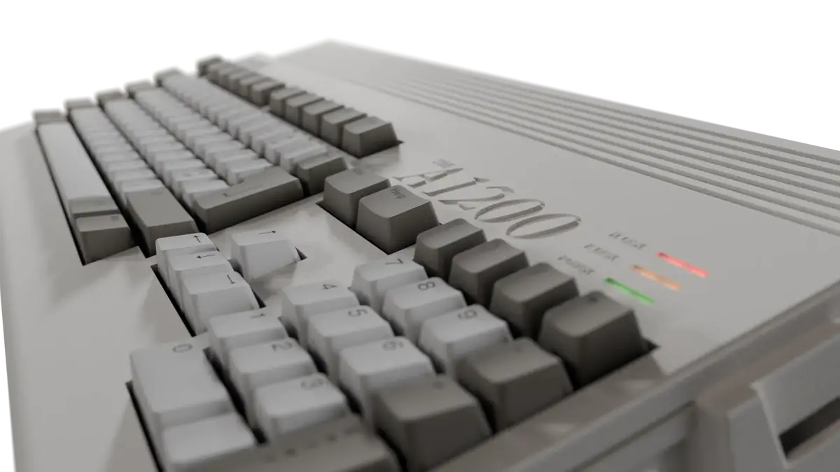 Close-up of the THEA1200 full-size working keyboard and branding