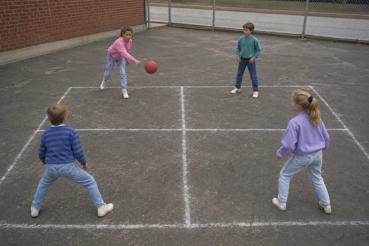 Four children playing Four Square, a schoolyard game played before smartphones