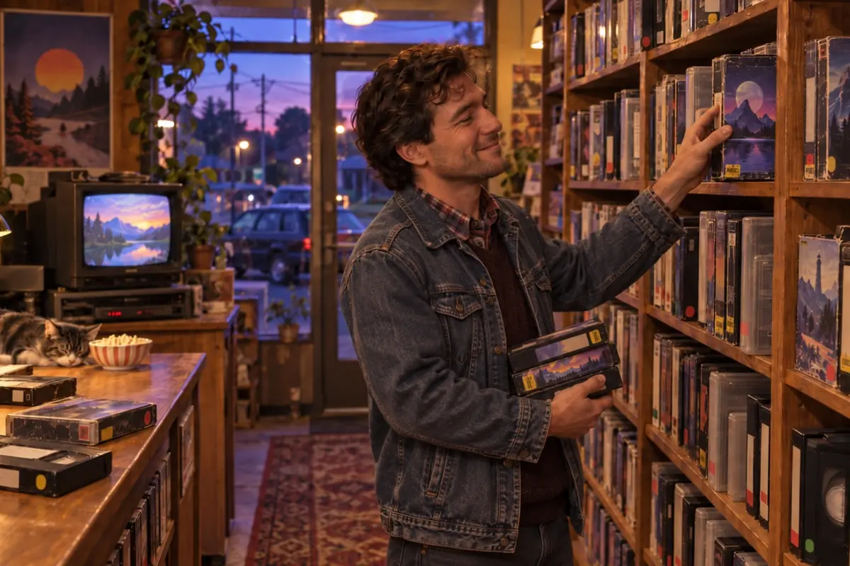 A smiling customer chooses a VHS tape from a video store shelf while holding several other tapes