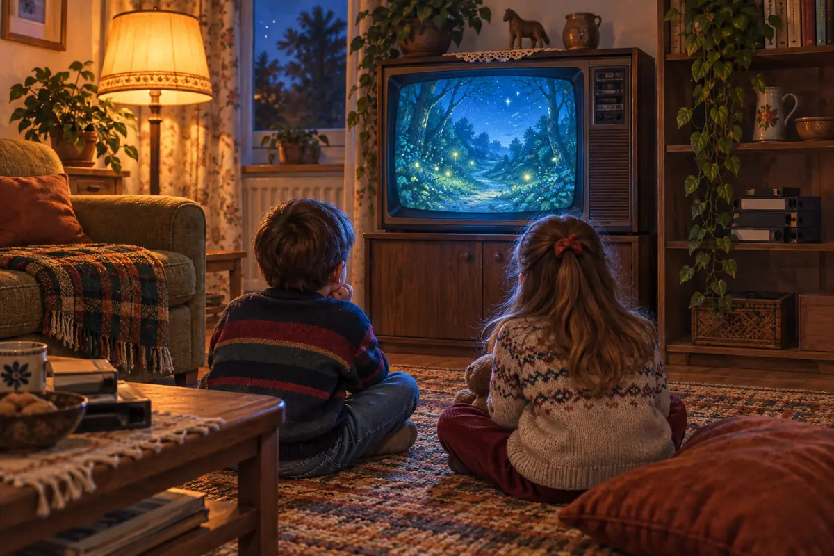 Dvoje dece gleda crtani film na CRT televizoru u dnevnoj sobi osamdesetih