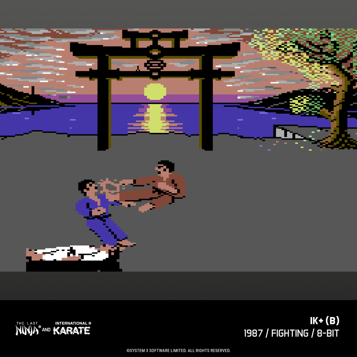 Three fighters in a seaside arena in the Commodore 64 version of IK+