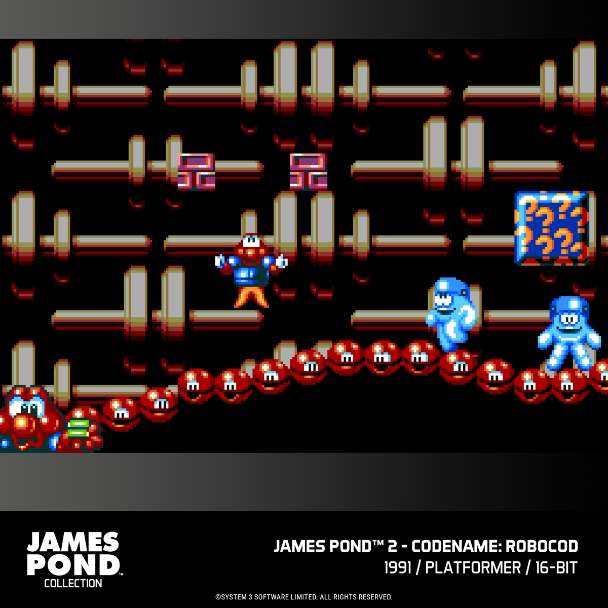 A platform level with characters and enemies in James Pond 2: Codename RoboCod