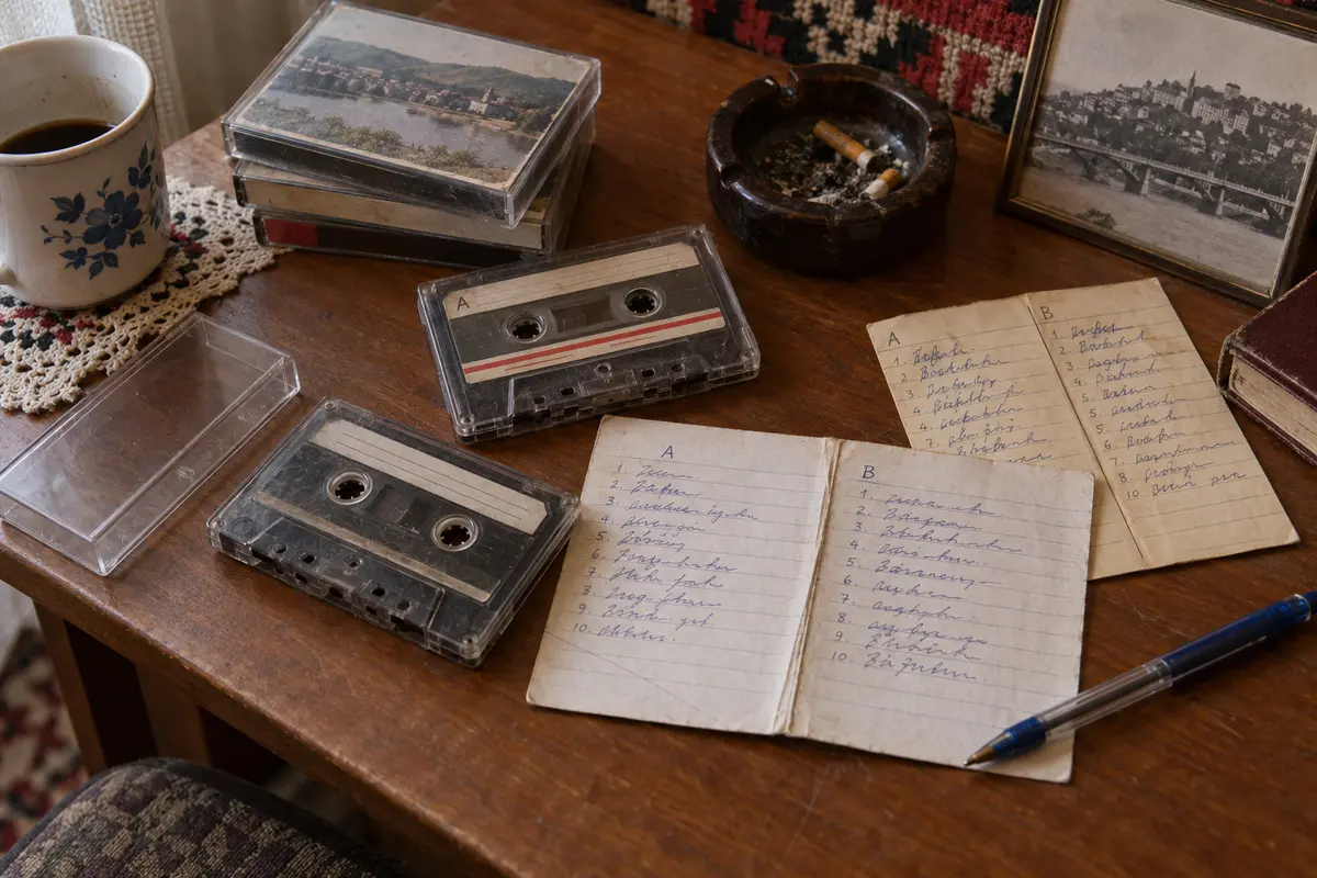 Cassette Tapes with Handwritten Track Lists Cassette tapes with handwritten track lists for Side A and Side B