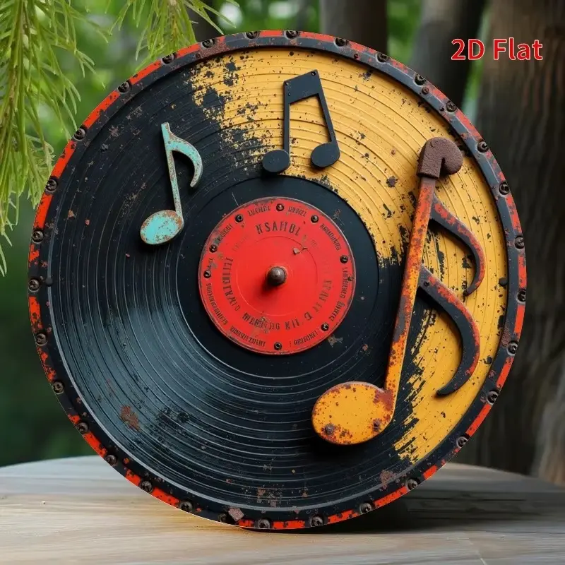 Metalna retro dekoracija sa motivom gramofonske ploče i nota