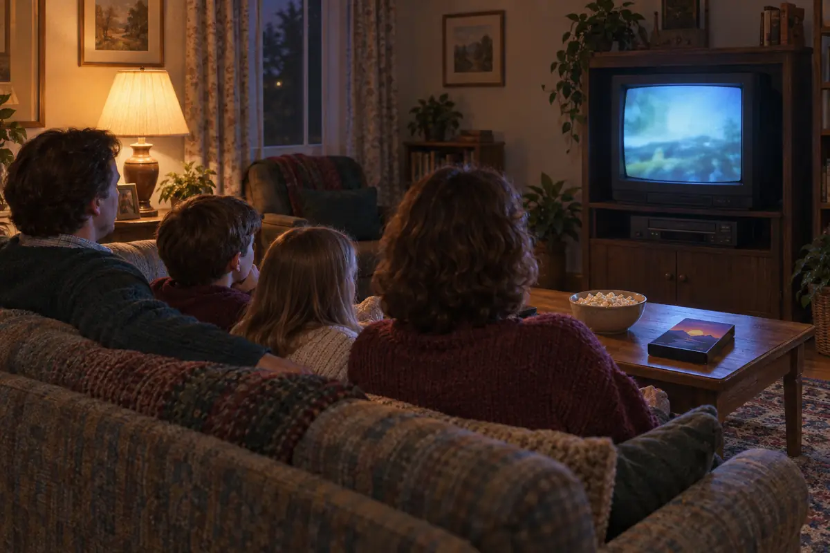A family watches a rented VHS movie together on a CRT television
