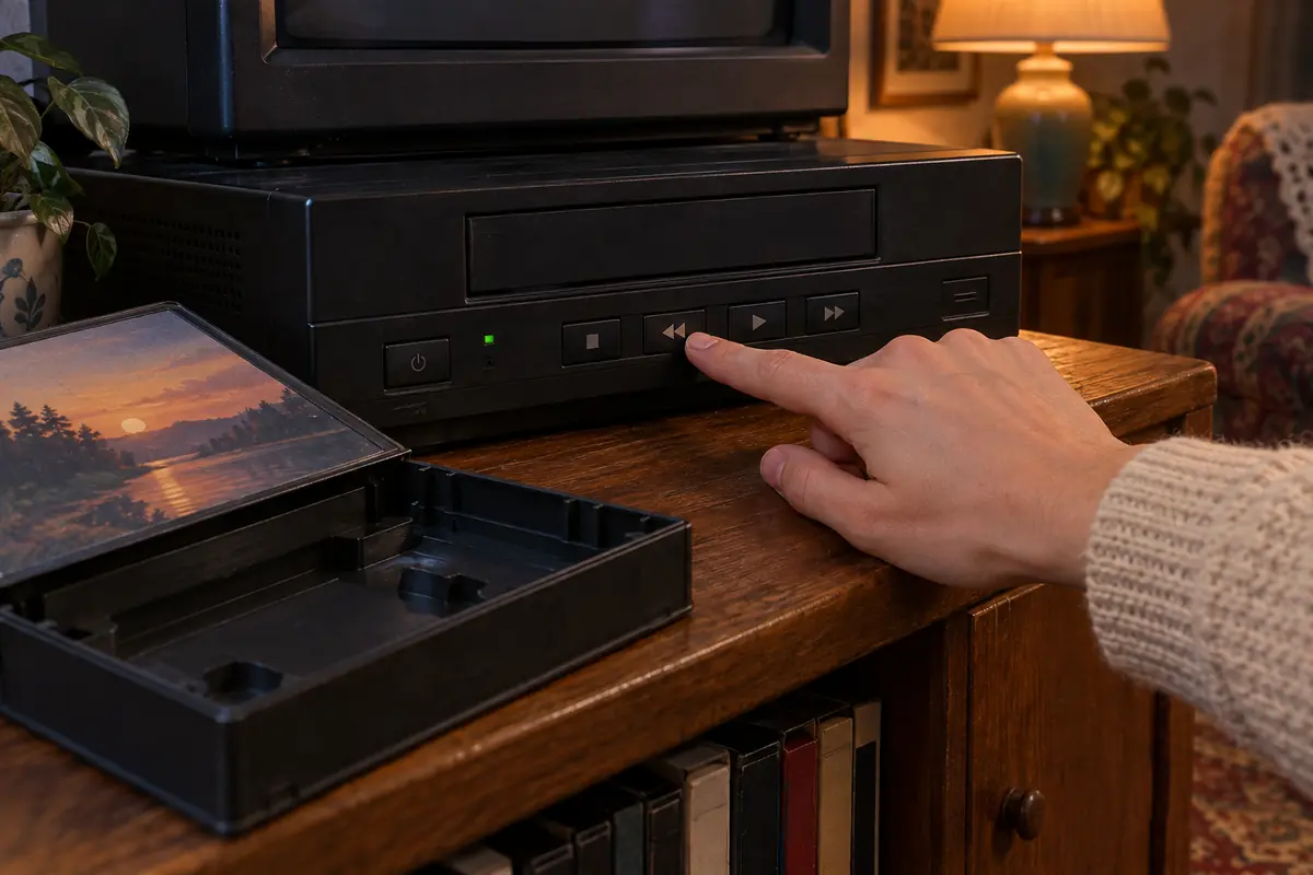 A hand presses the rewind button on a VCR beside an open VHS case