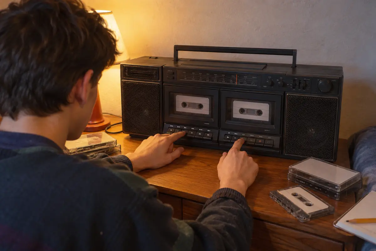 Copying Music on a Dual-Cassette Deck Teenager copying music from one cassette to another on a dual-cassette deck