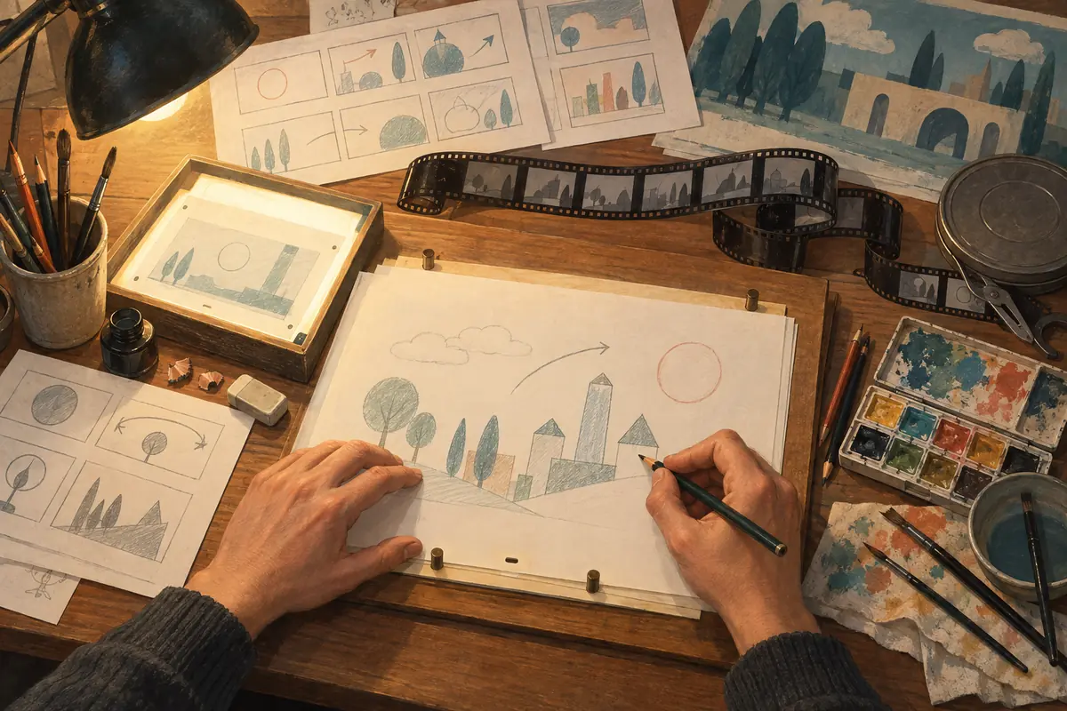 Illustration of an animator drawing frames by hand at an animation desk