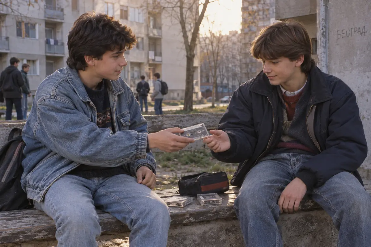 Friends Trading Cassette Tapes in the 1990s Two friends exchanging music cassette tapes during the 1990s