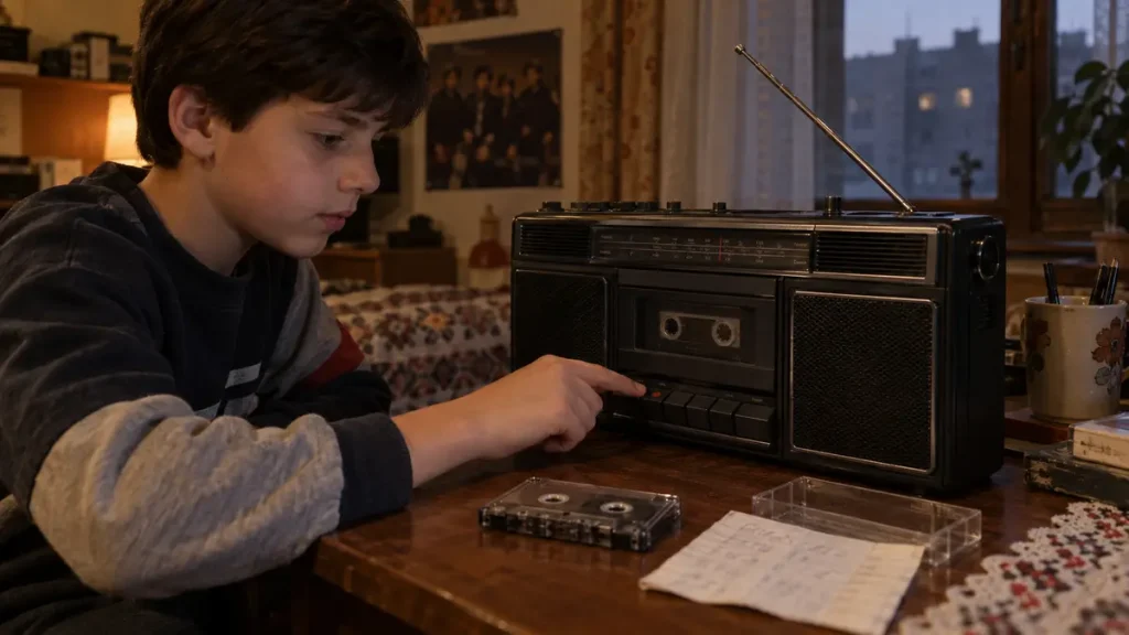 Boy recording music from the radio onto a cassette tape