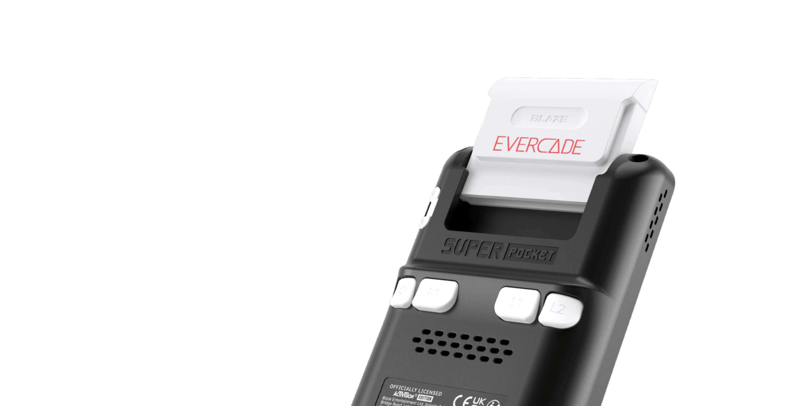 Evercade cartridge inserted into the rear slot of the Super Pocket Activision Edition