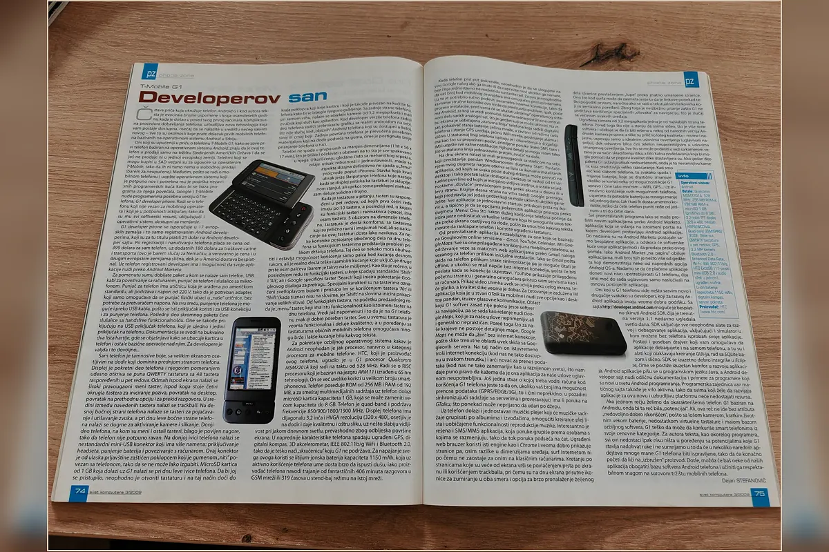 Two-page Developerov san article about the T-Mobile G1 in Svet kompjutera magazine from 2009