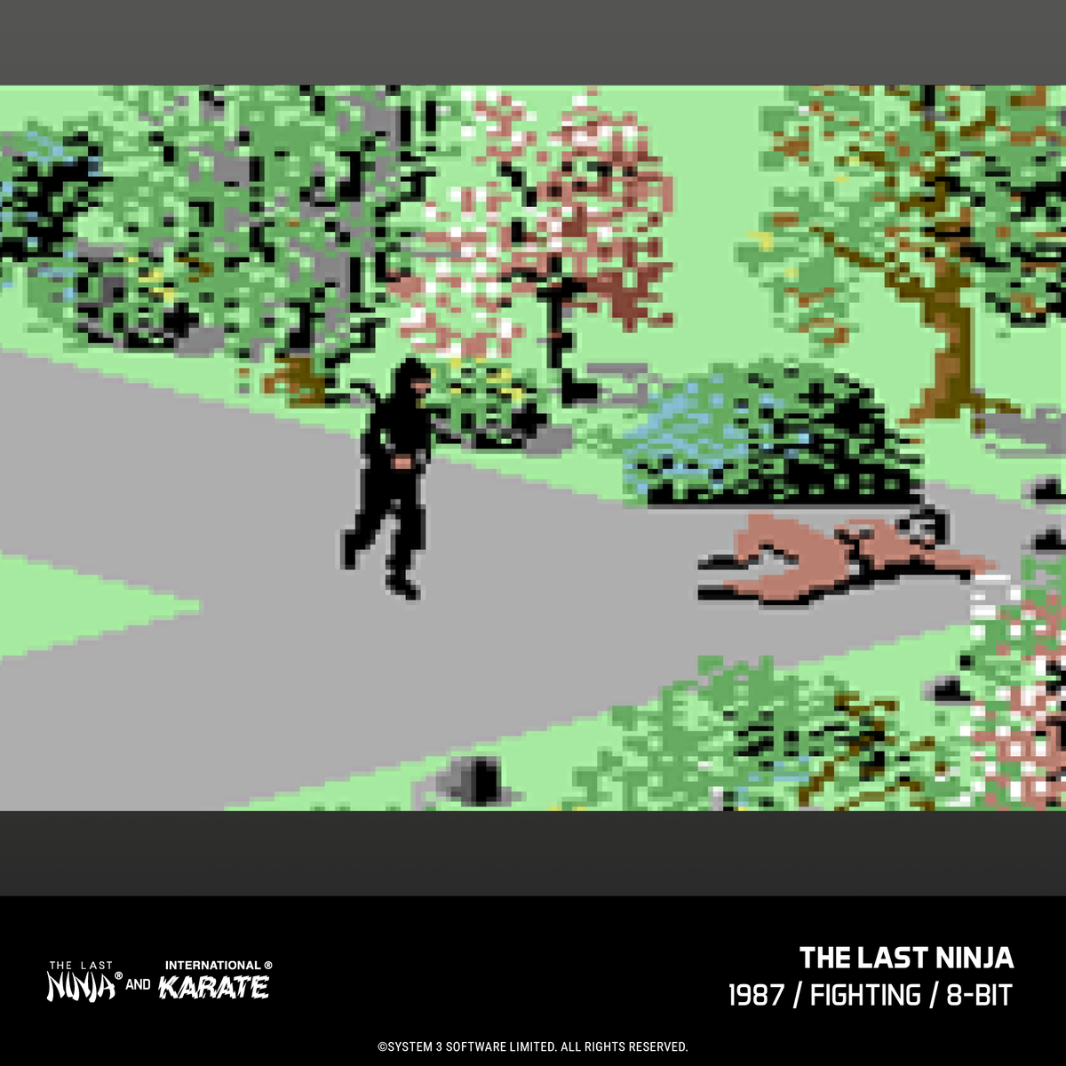 A black-clad ninja approaches a fallen opponent in the Commodore 64 version of The Last Ninja