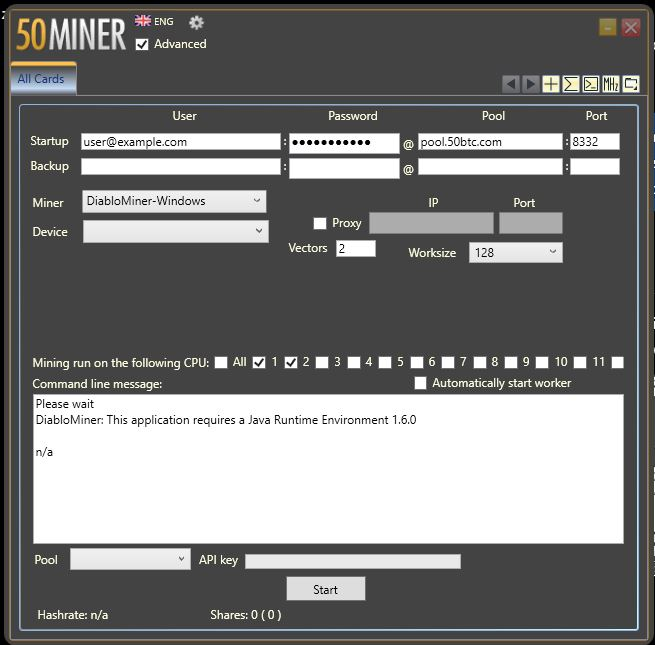 50Miner software used for Bitcoin mining in 2013, showing miner selection and pool settings.