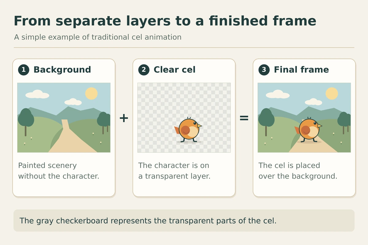 Diagram showing a painted background, a bird on a transparent cel and the combined final frame
