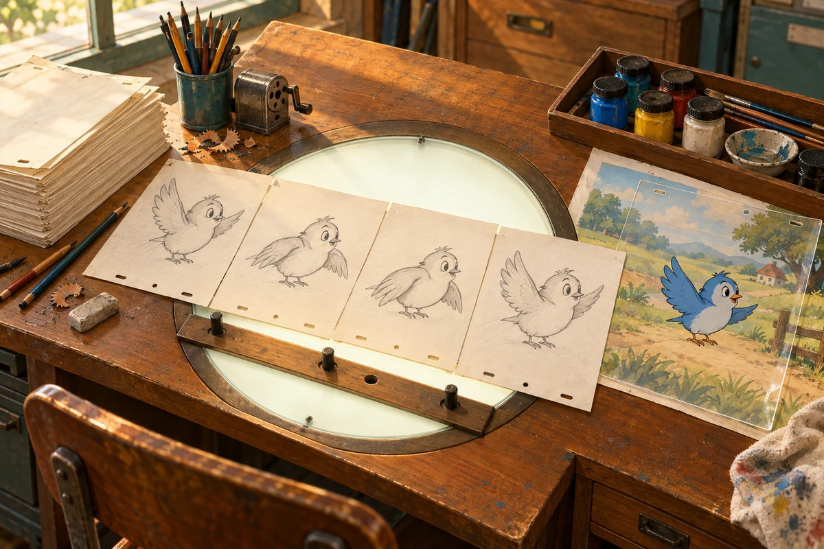 Illustration of cartoon shorts in production, with bird drawings on an animation desk and a painted cel over a landscape.