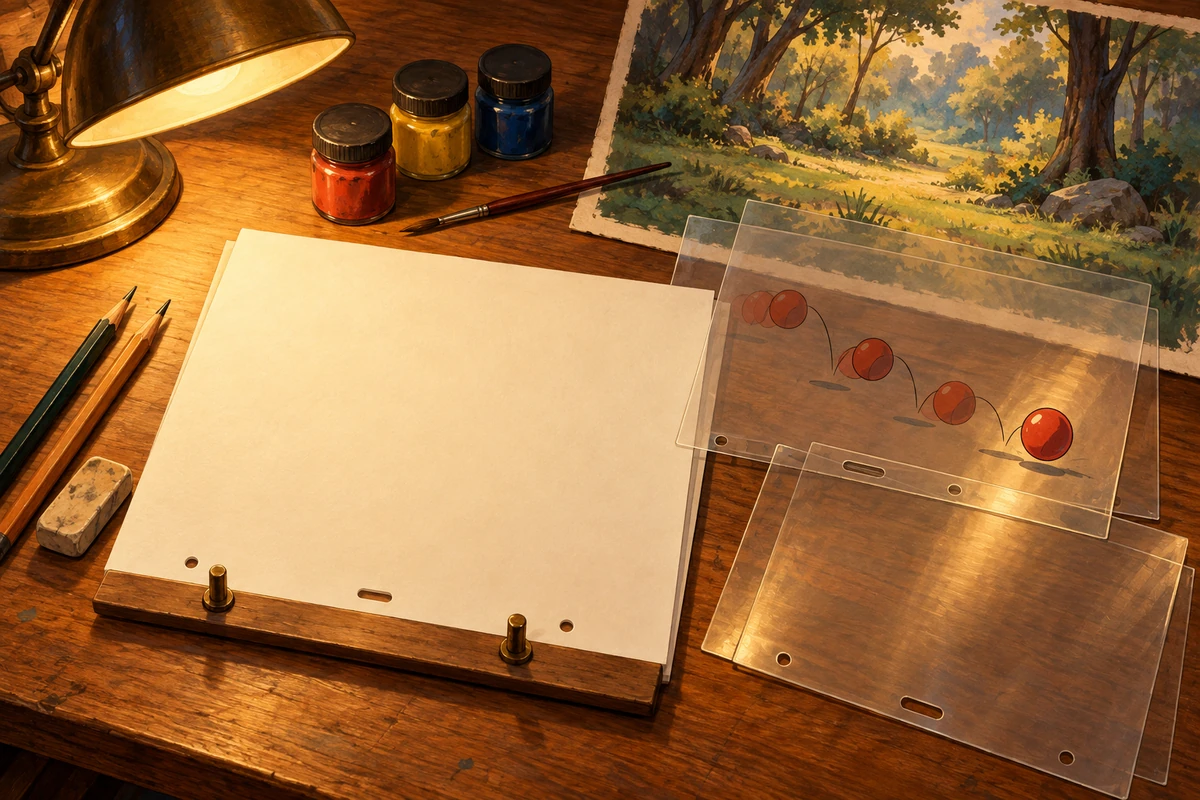Illustration of an animation desk with drawing paper, transparent cels, paints and a painted forest background.