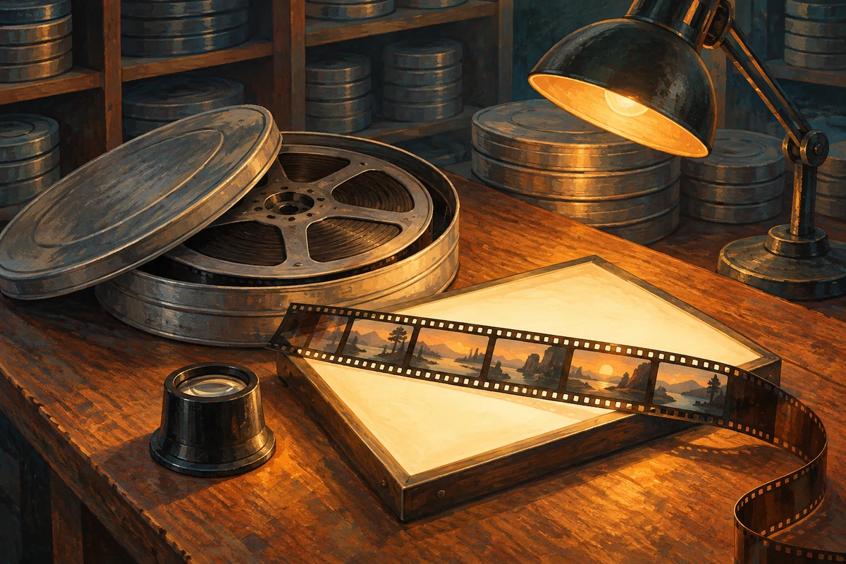 Film Archives and the History of Withdrawn Cartoons Illustration of a film reel, film strip and magnifying loupe on an illuminated table in a film archive
