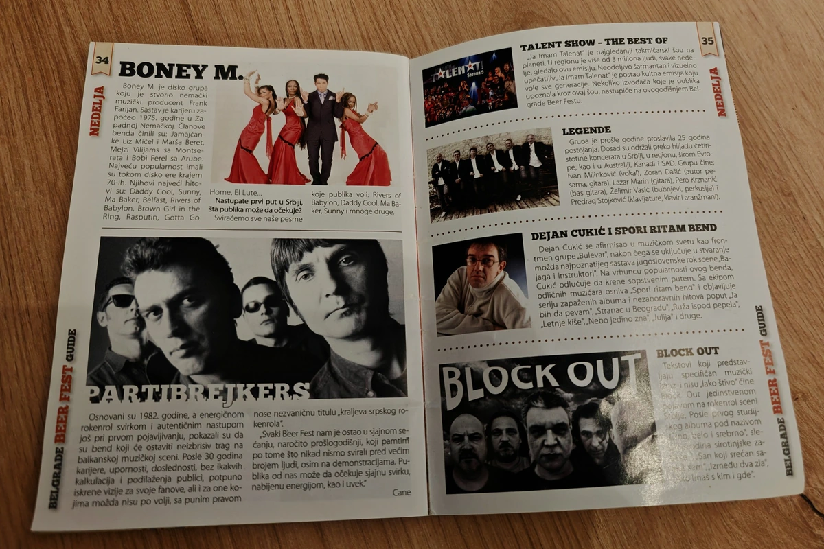 Final-day festival guide showing Boney M., Partibrejkers and Block Out