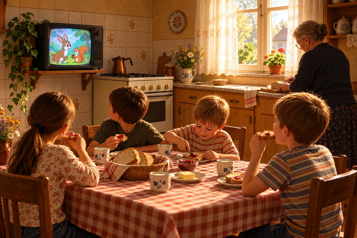 Children eating bread and jam during a 90s TV morning in their grandmother’s kitchen
