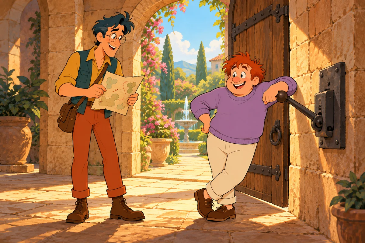 Two supporting cartoon characters exploring a mysterious room, one holding a map and the other operating a wall lever