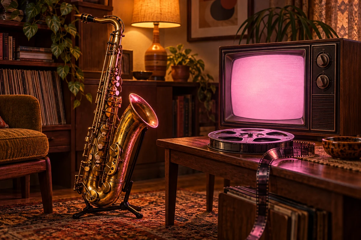 Pink Panther – Jazz Music and Retro TV Atmosphere A saxophone, film strip and CRT television with a pink screen in a warm retro setting