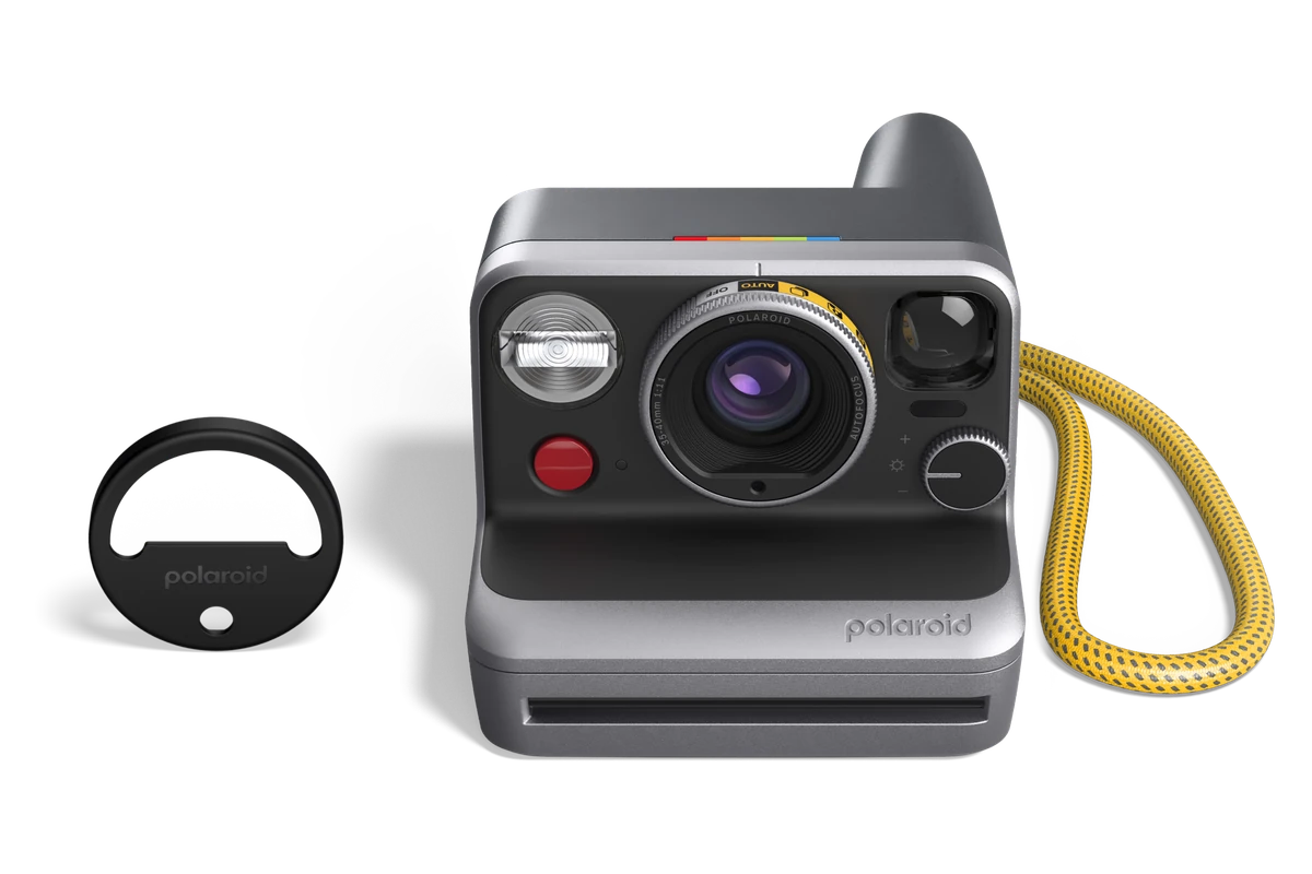 Polaroid Mod camera with the Split Shot accessory and a yellow neck strap