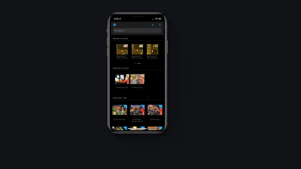 Provenance on iPhone showing recent save states and a Nintendo 64 game library.