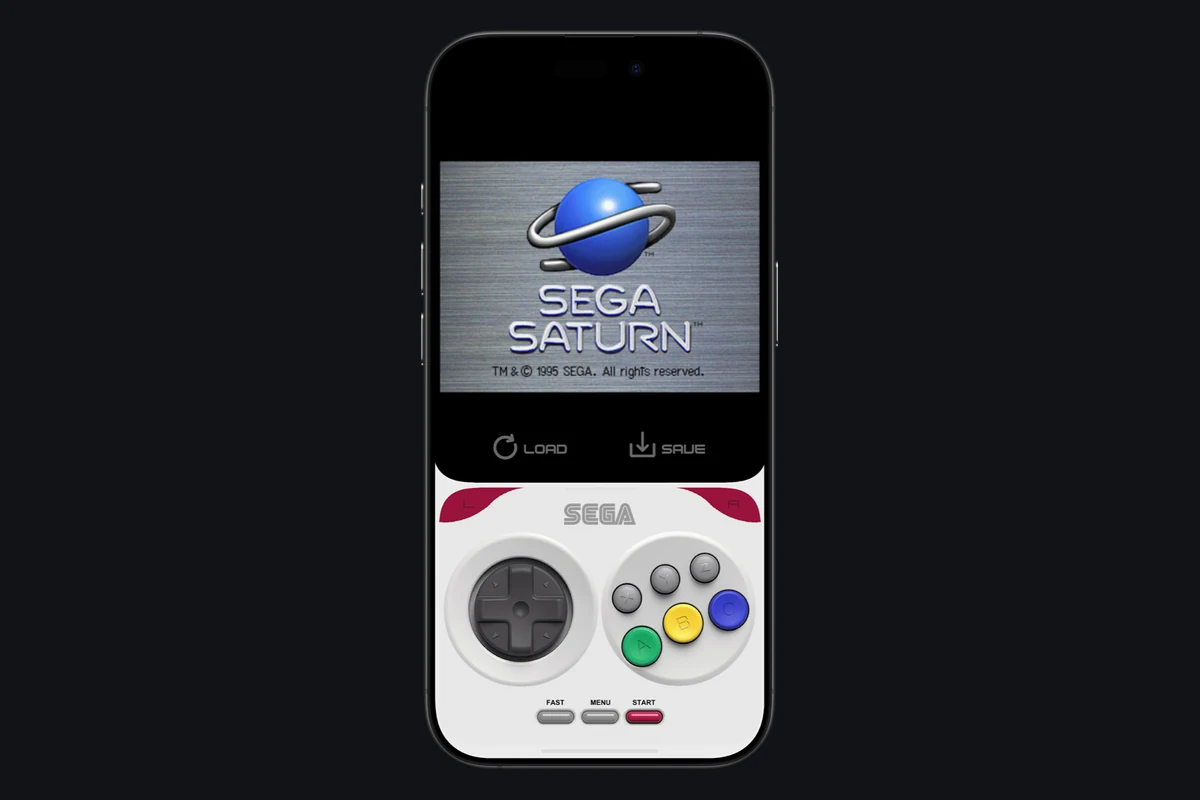 Provenance on iPhone displaying the Sega Saturn startup screen and touch controls.