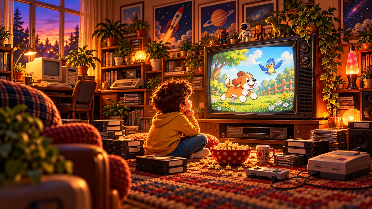 Child watching cartoons on a CRT television in a warm retro room with VHS tapes, vintage computers and a game console.