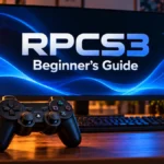 Illustration of a gaming PC with “RPCS3 – Beginner’s Guide” on the monitor and a black controller on the desk.