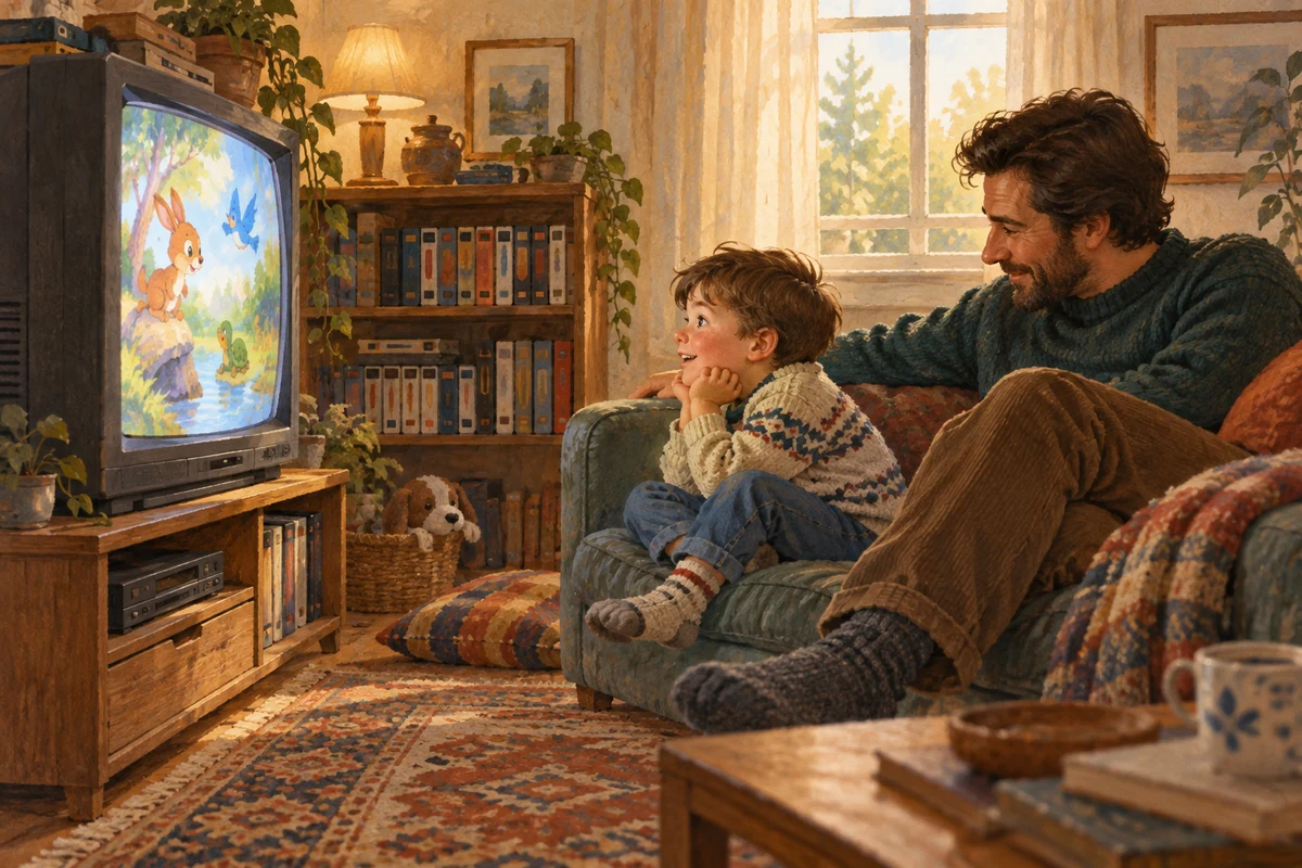 Sharing Classic Cartoons with Our Children Illustration of a father and child watching cartoons together on a vintage CRT television