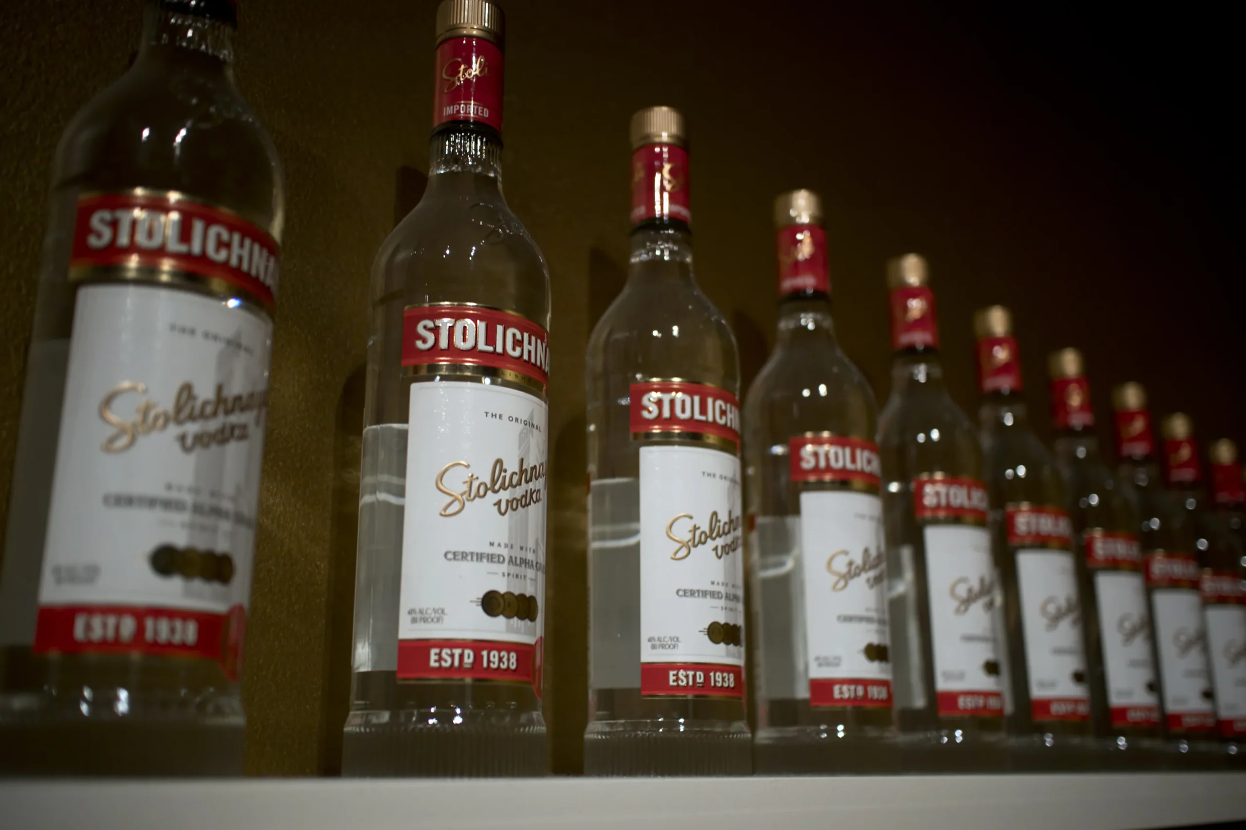 Stolichnaya vodka and Pepsi's Soviet trade Stolichnaya vodka bottles with red labels in an Anchorage Museum display