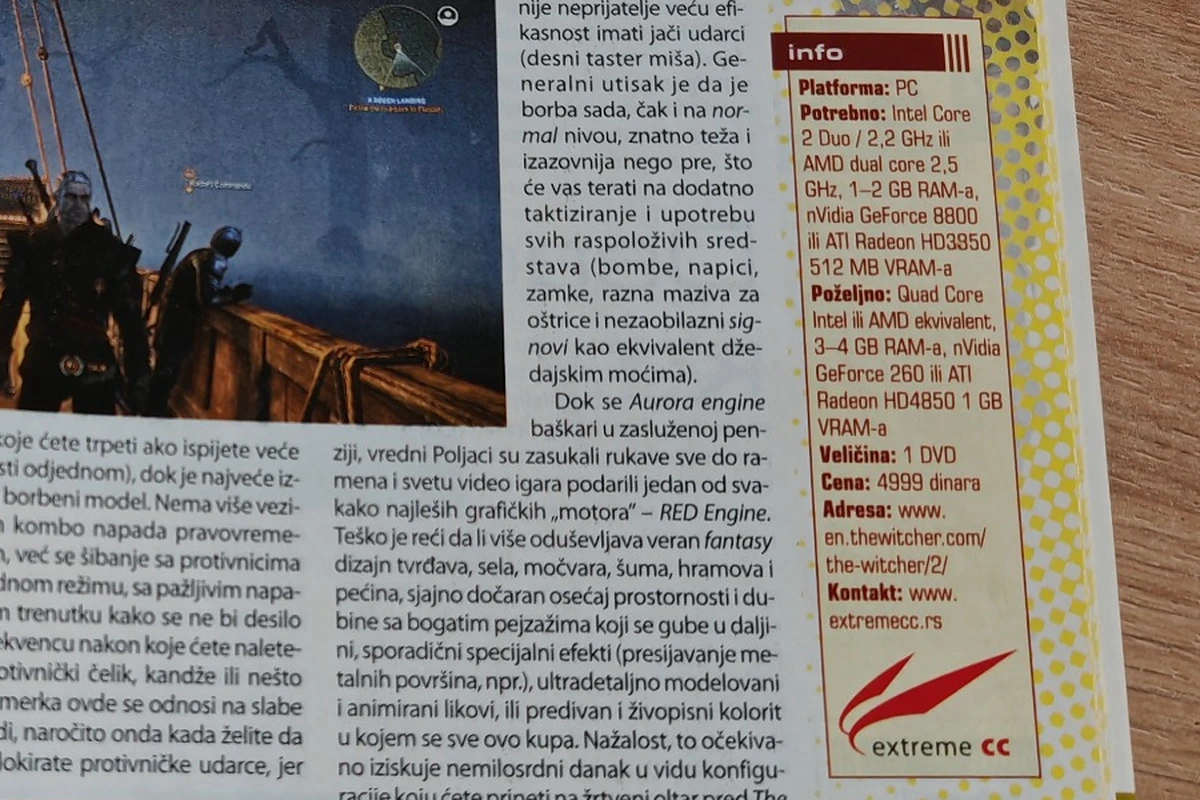 The Witcher 2 price of 4,999 Serbian dinars and PC hardware requirements in the June 2011 issue of Svet kompjutera.