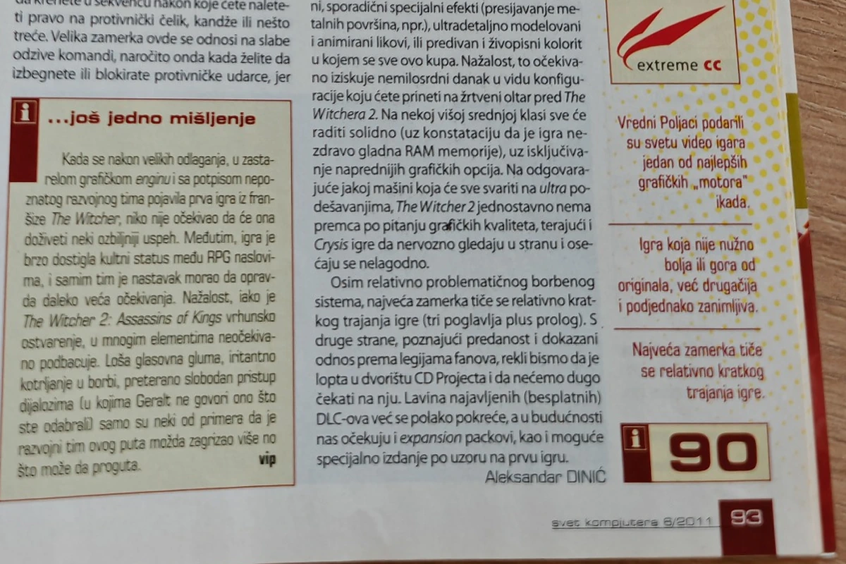 The Witcher 2 score of 90 and the closing section of its review on page 93 of Svet kompjutera, June 2011.