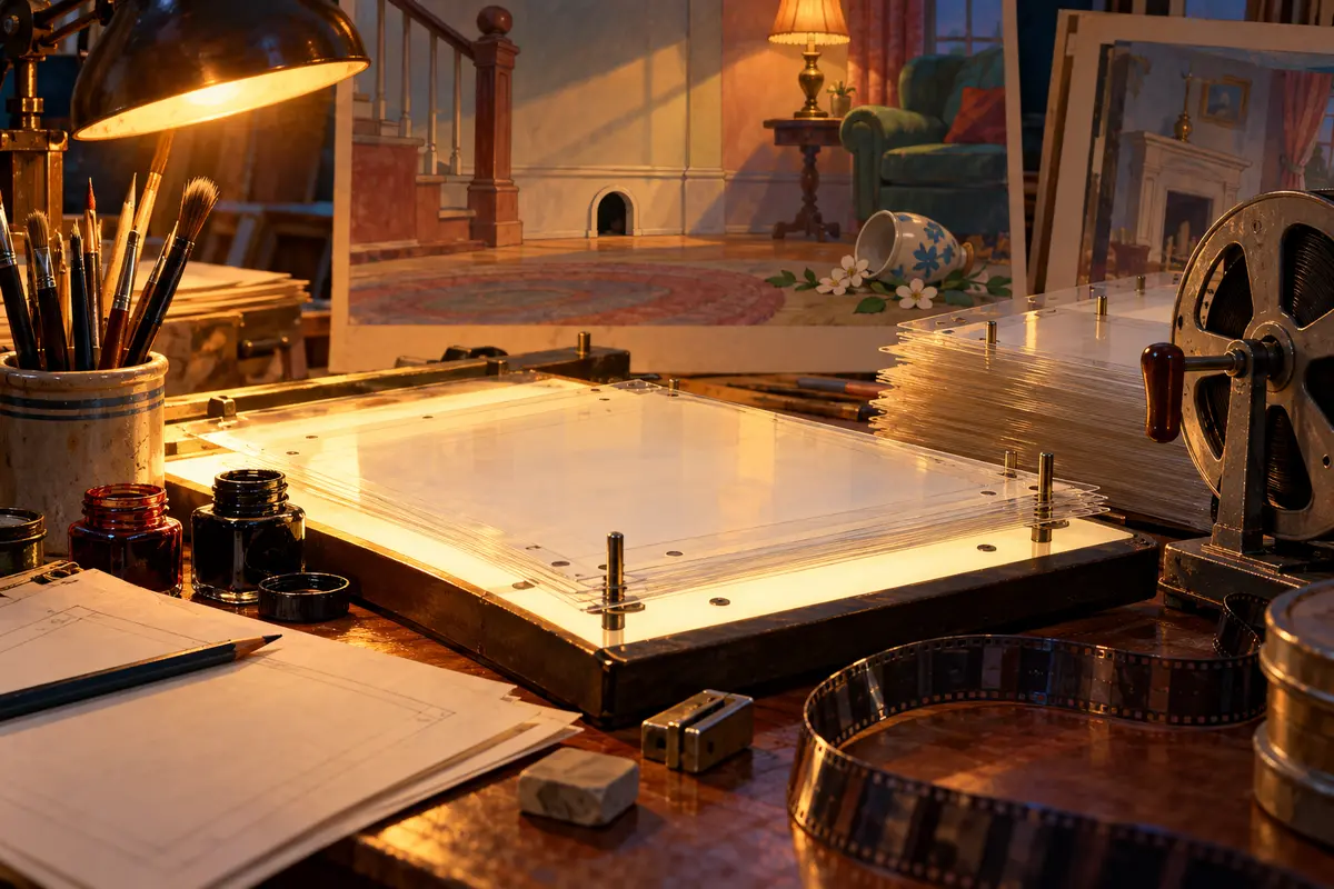Illustration of a vintage animation worktable with cels, brushes and a painted background